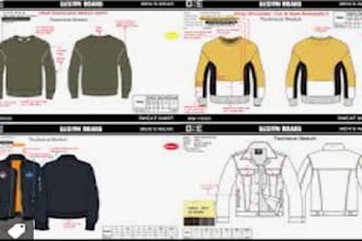 technical flat sketches for streetwear, ladieswear and bag tech pack