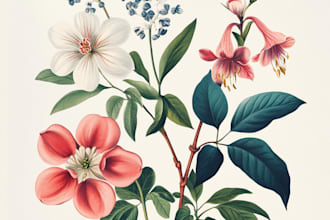 create botanical illustrations of flowers, plants, fruits