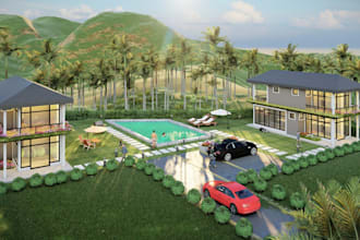 render real estate, resort park, residence 3d walkthrough, pavilion, facade pool