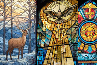 create fantasy stained glass art for characters, book covers, windows, card game