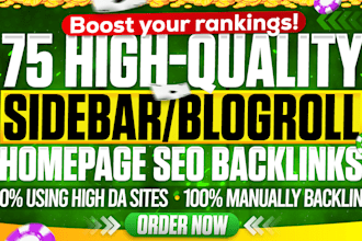 build 75 high quality DR 50plus SEO sidebar blogroll footer homepage backlinks
