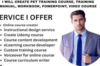 create pet training course, training manual, workbook, powerpoint, video course