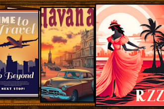 make art deco, retro, vintage, modern travel poster or landscape illustration