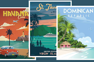 make vintage retro art deco realistic travel poster or landscape illustration
