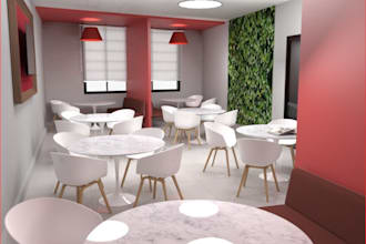 furnish modern restaurant interior, shop front,floor layout,cozy cafe,bar render