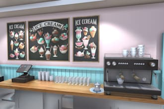 remodel 3d store,render cgi space walkthrough ,ice cream restaurant, cafe,bakery