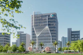rebuild 3d high rise exterior, hotel resort,cgi commercial space, site landscape