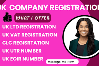 do UK ltd company registration, assist with UK vat, UK cic, llp, utr, eori