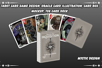 tarot card game design, oracle card illustration, card box mockup, tcg card deck