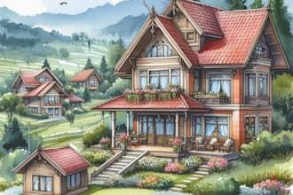 sketch architecture building or houses with watercolour