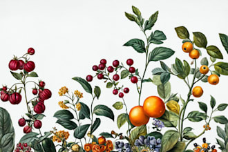 make a botanical illustration of flowers, plants, fruits