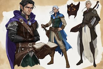 draw dnd character art design illustration, fantasy, game art, sheet, dnd party