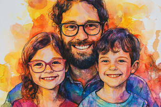 painting realistic family portrait or group watercolor style