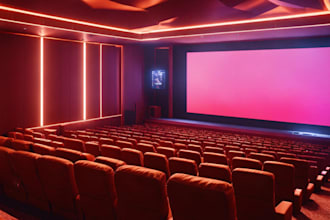 design 3d cinema space,movie theater,cafe,stage render,cinema interior,game room