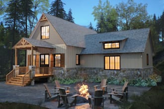 recreate 3d modern cgi farmhouse,garden facade, exterior coutyard,vila rendering