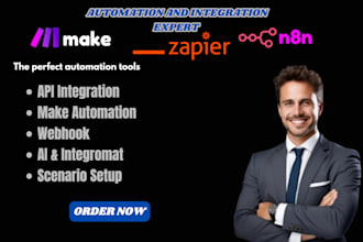 automate with n8n, make,  webhooks, zapier scenarios make com n8n expert