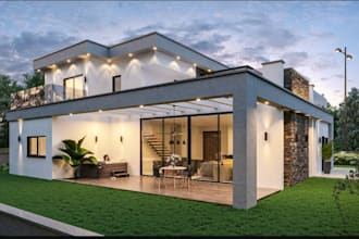 renovate 3d modern luxury villa, balcony,garden landscape decor,backyard  design