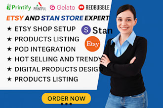 set up etsy shop, stan store digital products listing print on demand design pod