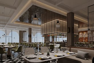 visualize 3d restaurant design, sport bar,supper market, coffee shop, cgi render