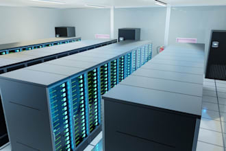 design and render 3d ai data center, storage room, warehouse and server room