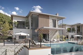 optimized 3d luxury villa rendering, exterior design, pool patio, front facade