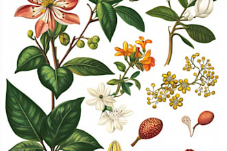 create custom botanical illustration, concept art, sketches for book