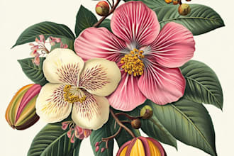 illustrate botanical and animal linocut vector art