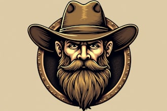 do head of miner wearing beard and cowboy hat mascot logo