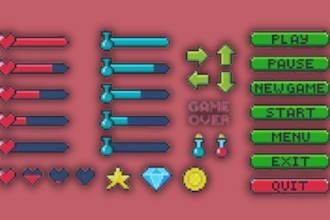 do pixel art ui, pixel hud, pixel gui, game ui, icons, pixel tileset