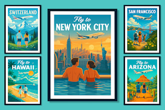 design custom retro vintage travel posters in a minimalist and art deco style