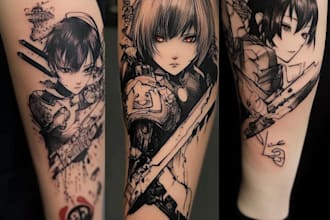 create sleeve tattoo design in cyber sigilism, neo tribal or anime tattoo style