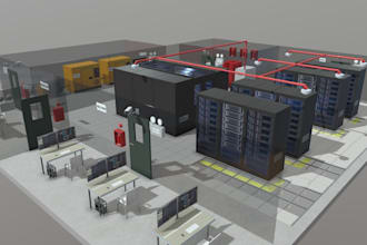create a realistic 3d data center or server room layout, data storage design