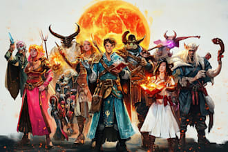 draw dnd party art , fantasy characters illustration