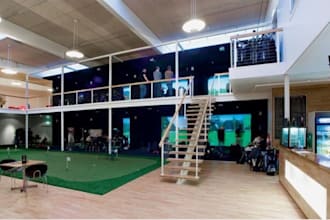 modern golf simulator space,golf space,gymnasium,sport arena,stadium render,cgi
