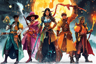 draw dnd party art , fantasy characters illustration
