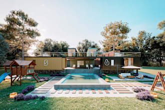do 3d container house design, interior render, garden exterior, front yard pool,