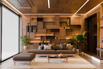 element 3d interior living room,floating shelves, led strip lighting, wall pane