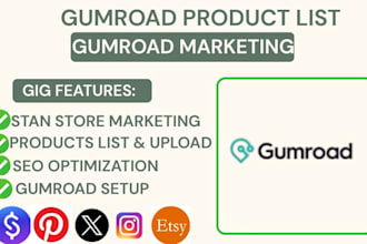 do gumroad product listing, gumroad marketing, stan store setup and marketing
