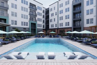 modern 3d apartment building,high rise,pool courtyard,resting place,leasingplace