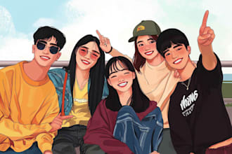 draw a vector group or friends, 2d character, cartoon character