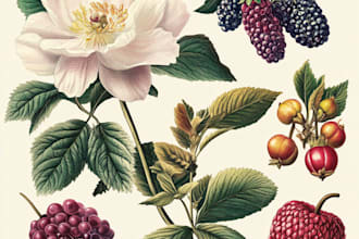 design craft a beautiful botanical or  plants, fruits, flowers, vegetables, herb
