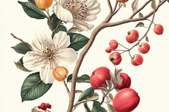 create custom botanical illustration, concept art, sketches for