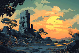 make vintage, retro, art deco, realistic travel poster or landscape illustration