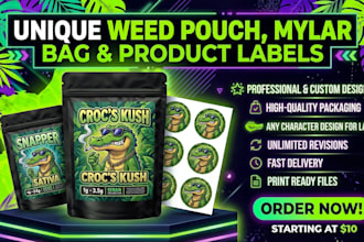 design unique weed pouch, mylar bag and product labels