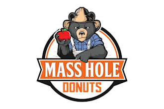 design bear farmer cartoon character with apple for mass hole donuts logo