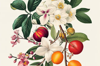 do botanical illustrations of flowers, plants and fruits