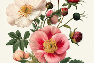 draw botanical illustrations of flowers, plants, line art