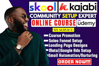 setup skool community, udemy business coaches online course, kajabi sales funnel