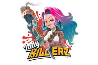 design a cute girl with a big space gun in a simple logo style