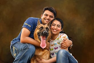 paint a family portrait into a digital watercolor painting with oil painting